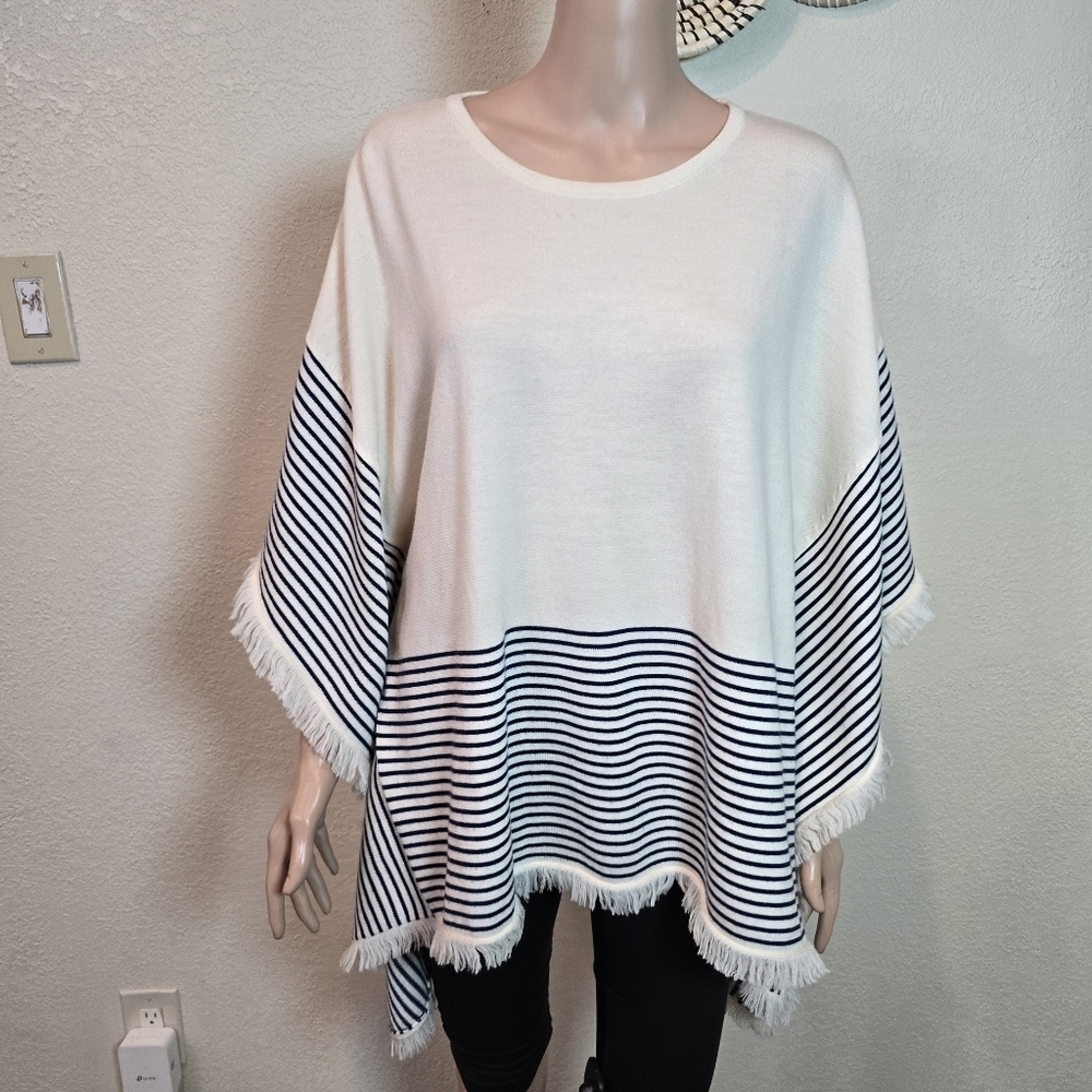 Vineyard Vines Merino Wool Sweater Striped Fringe Poncho Cape XS/S